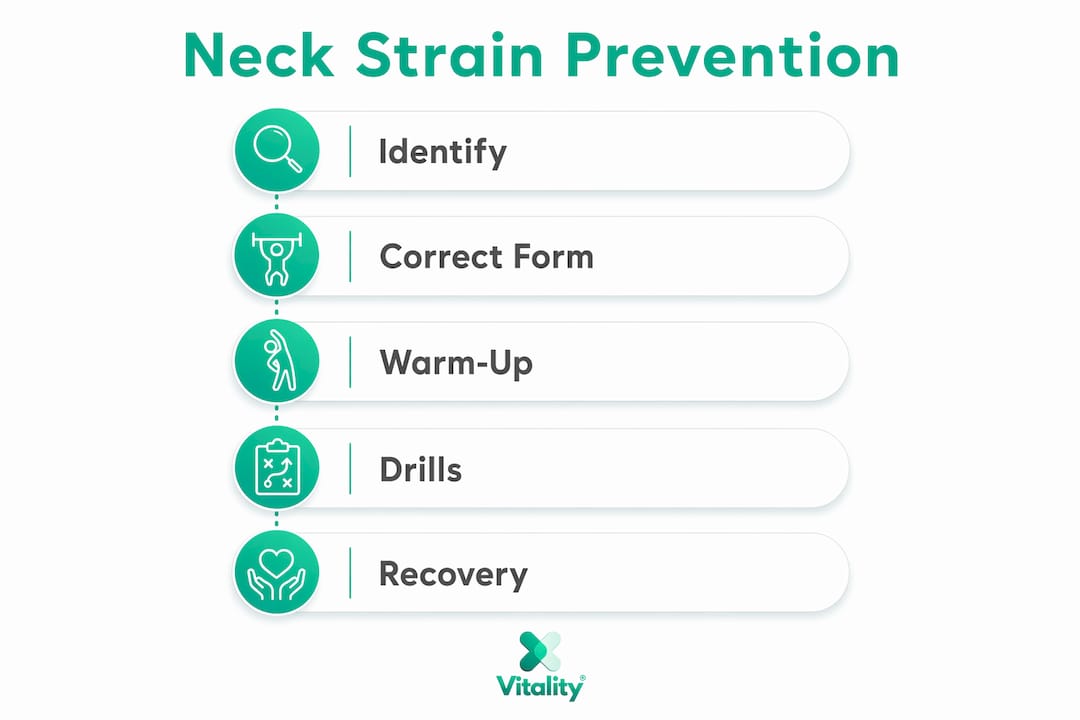 Infographic summarizing neck strain prevention steps