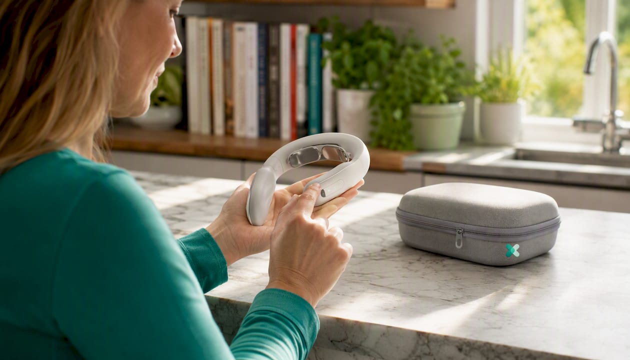 Hands adjusting neck pain therapy device settings