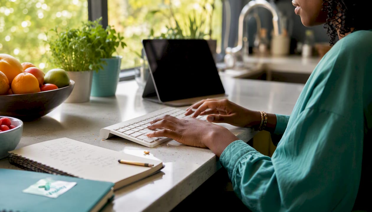 Hands typing on keyboard with review platform devices