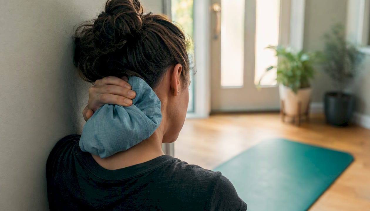 Person applying ice pack to neck