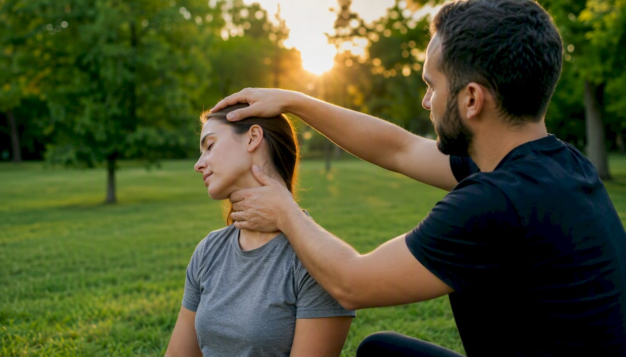 Hands guiding neck stretch exercise