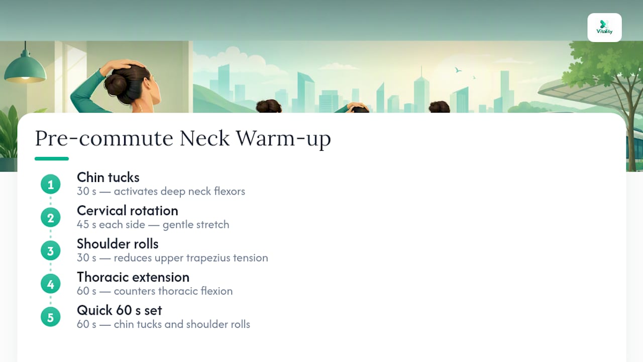 Diagram of neck warm-up exercises with timing and benefits