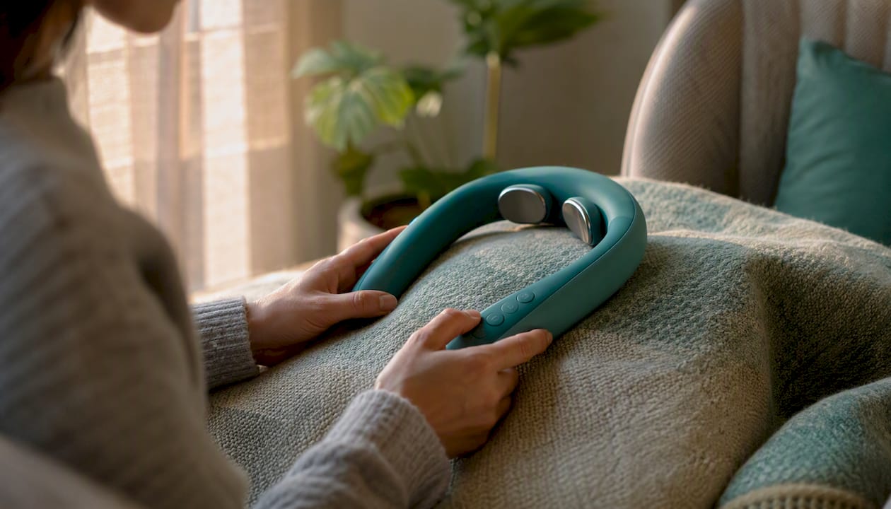 Hands adjusting neck therapy device intensity