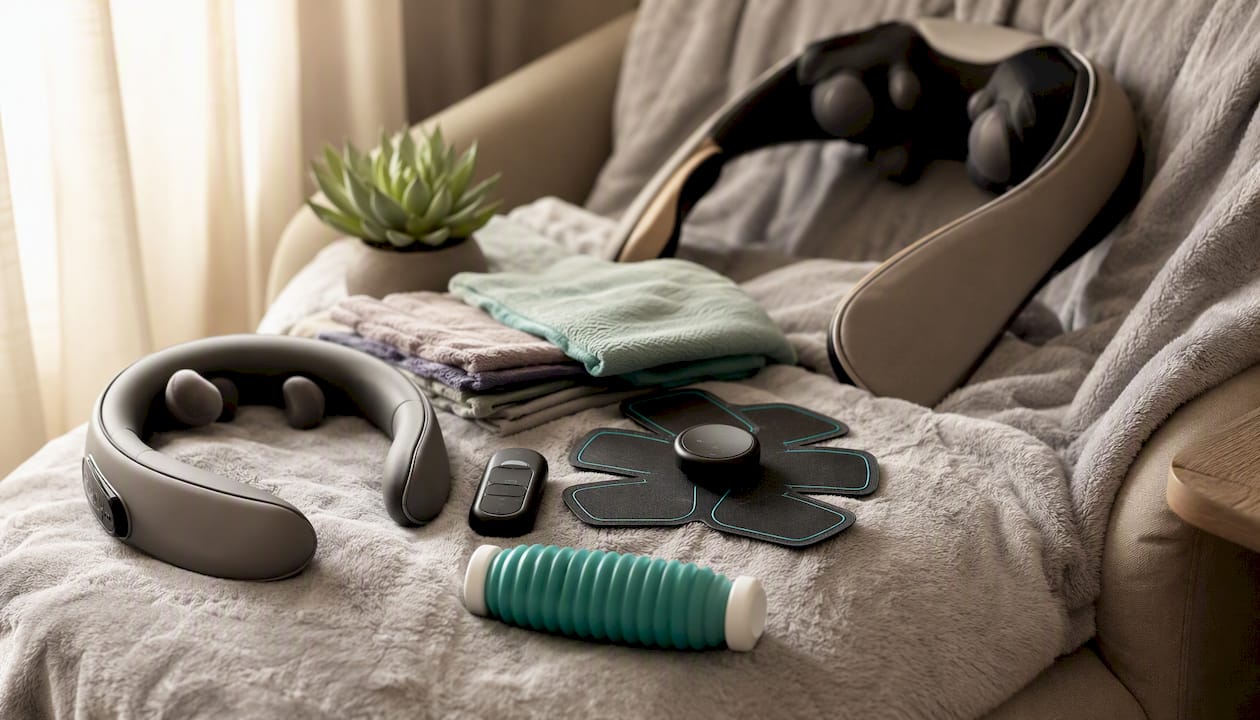 Various types of neck massager tools on table