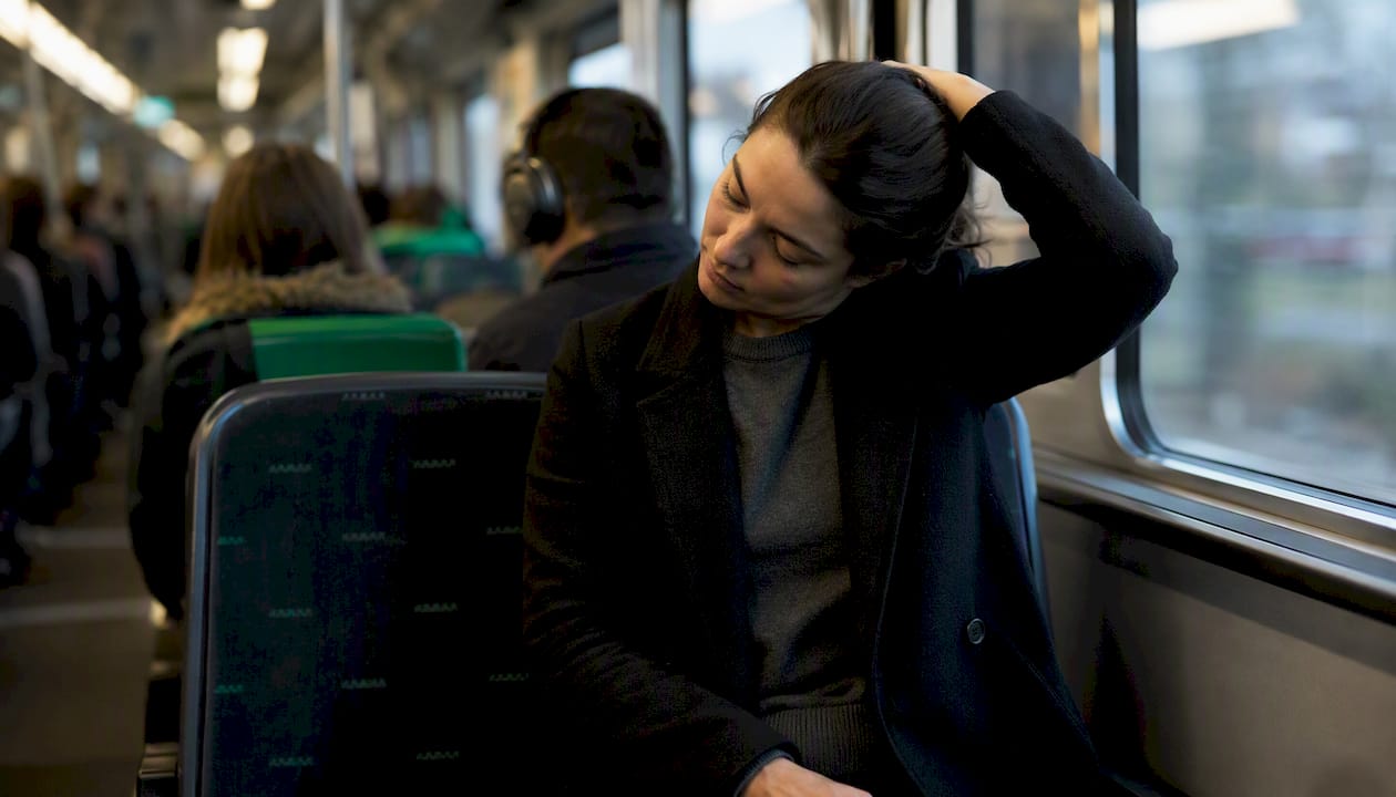 Seated person doing discreet shoulder roll