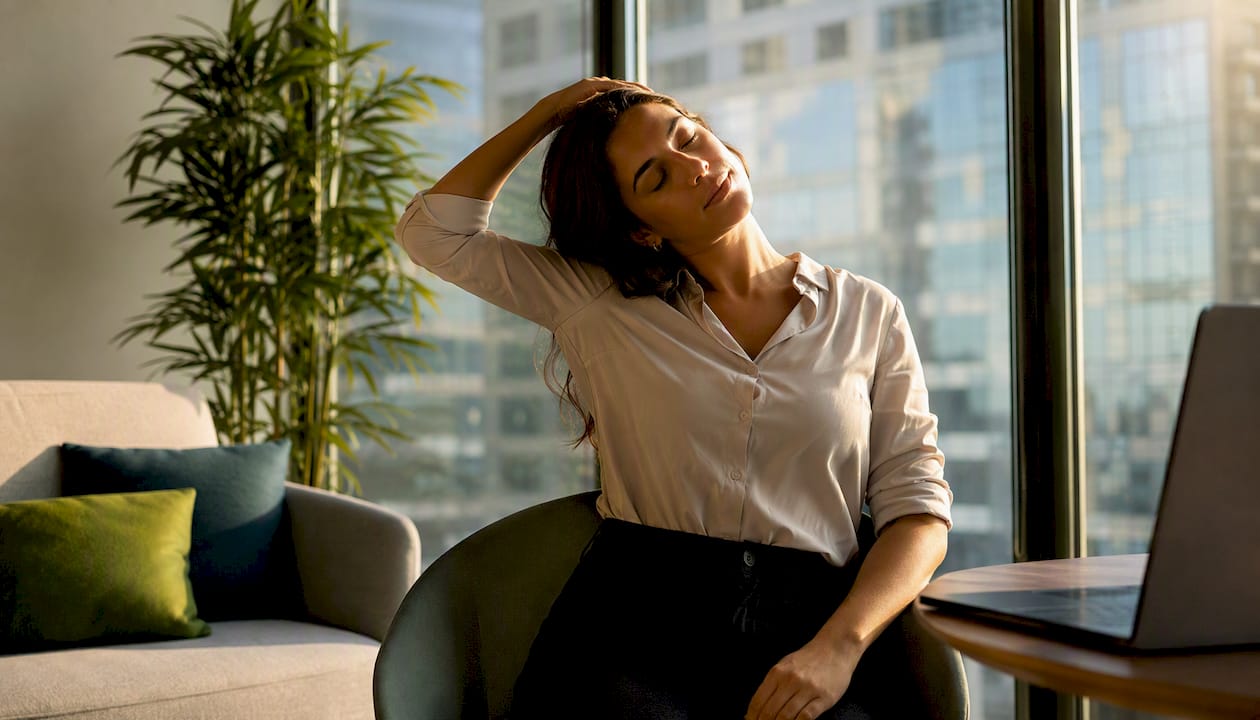 Person doing shoulder roll stretch near window