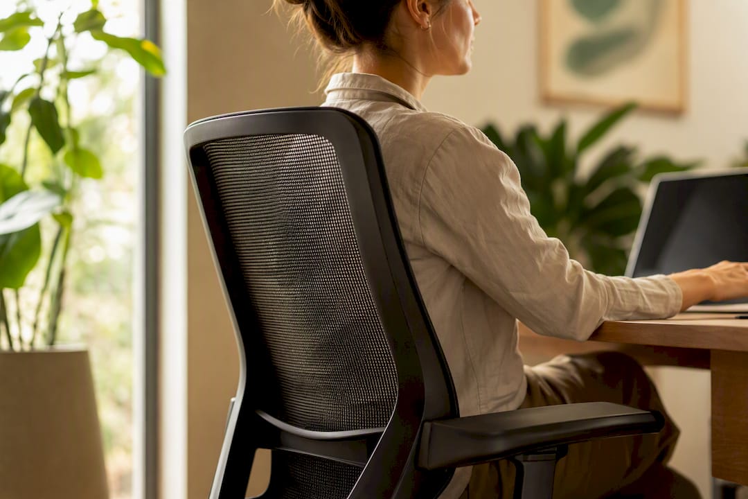 Close-up of mesh back ergonomic chair
