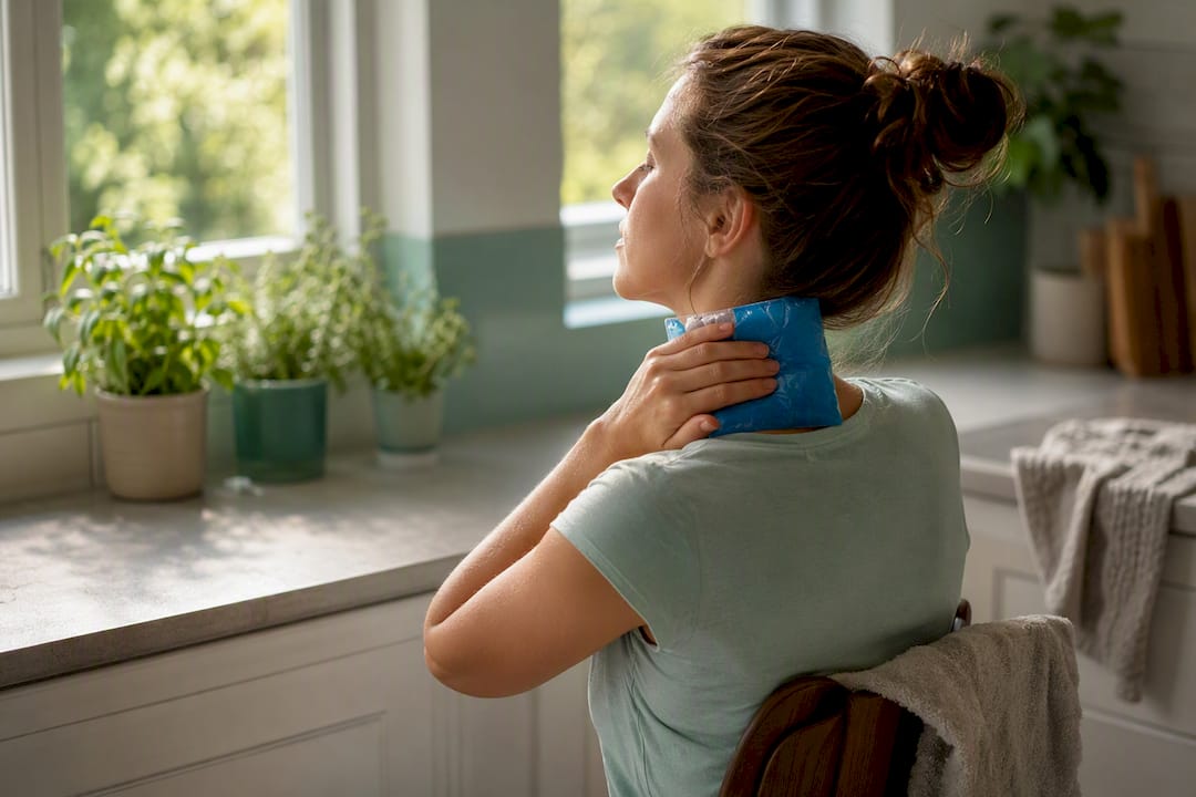 Person applying cold compress to temple muscles