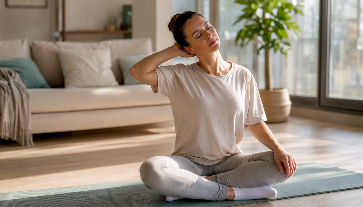Person performing neck stretches at home