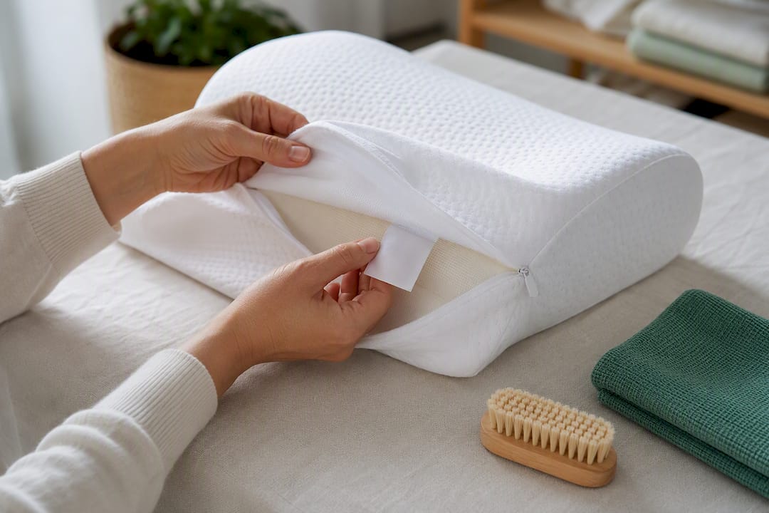 Hands checking a cervical pillow care tag