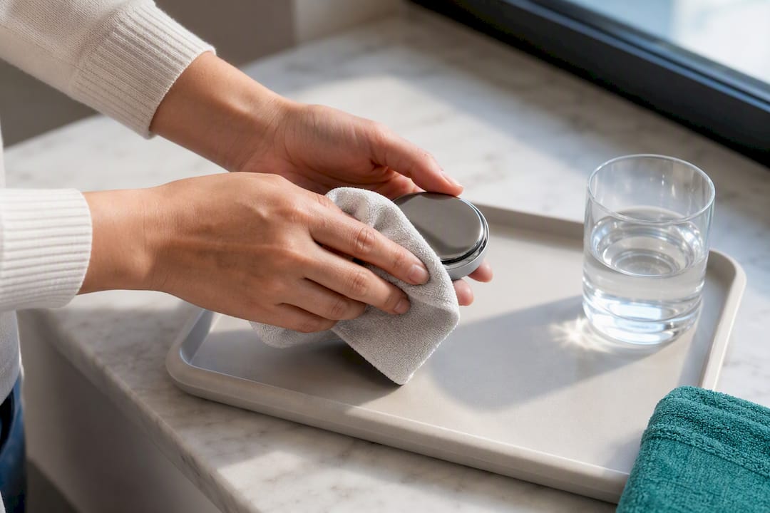 Hands cleaning an anonymous therapy device head