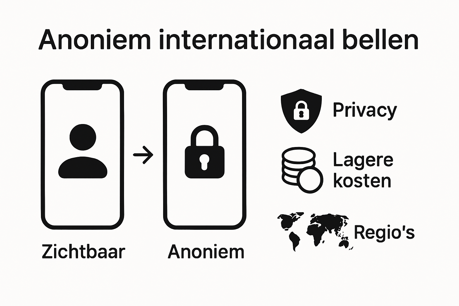 Infographic die uitbeeldt hoe anoniem internationaal bellen werkt en welke voordelen het biedt.