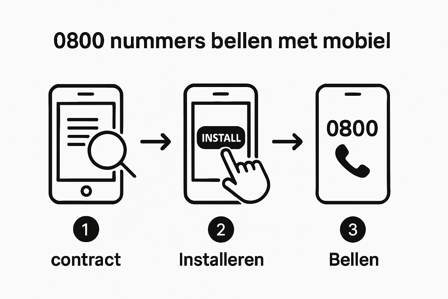Infographic with three steps for calling 0800 numbers with a mobile phone