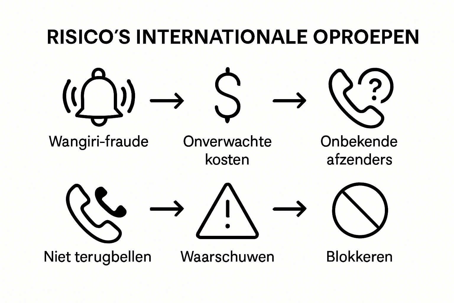 Eenvoudige infographic met 3 internationale belrisico's en bijbehorende voorzorgsmaatregelen