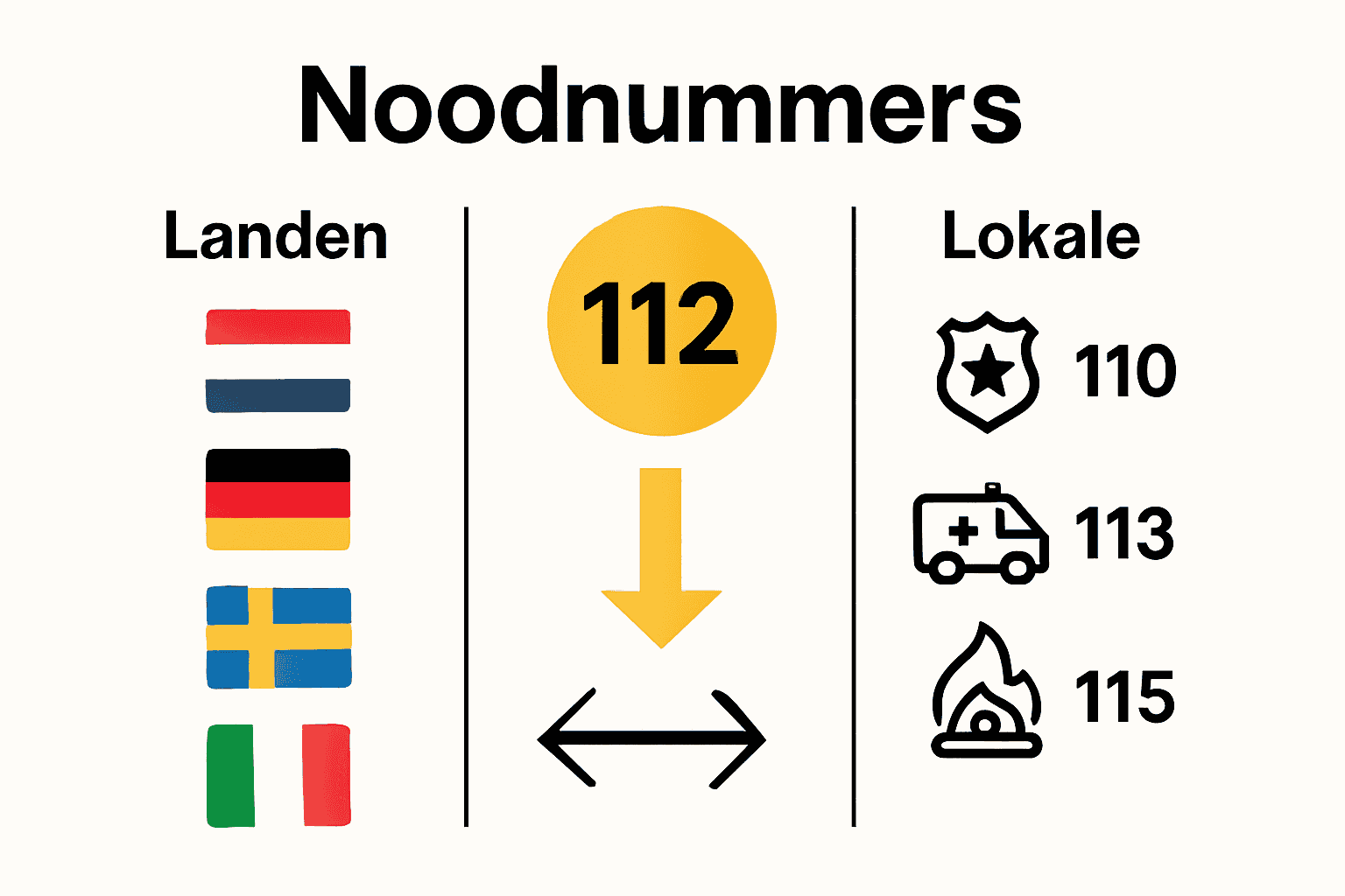 Vergelijking van 112 en lokale noodnummers per Europees land