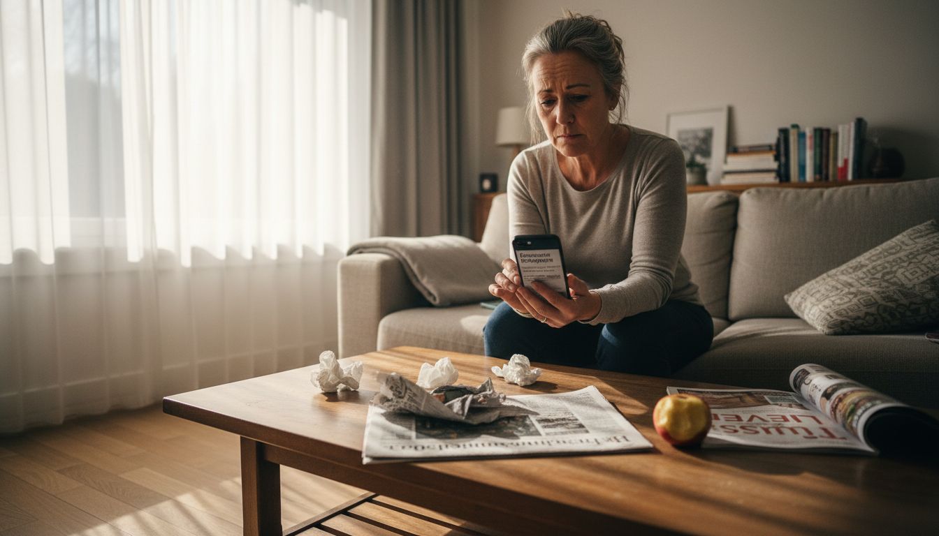 Vrouw bekijkt de lijst met geblokkeerde nummers op haar telefoon.