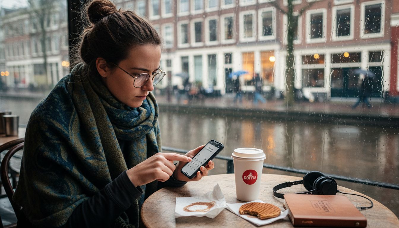 Een vrouw toetst een internationaal telefoonnummer in op haar mobiel.