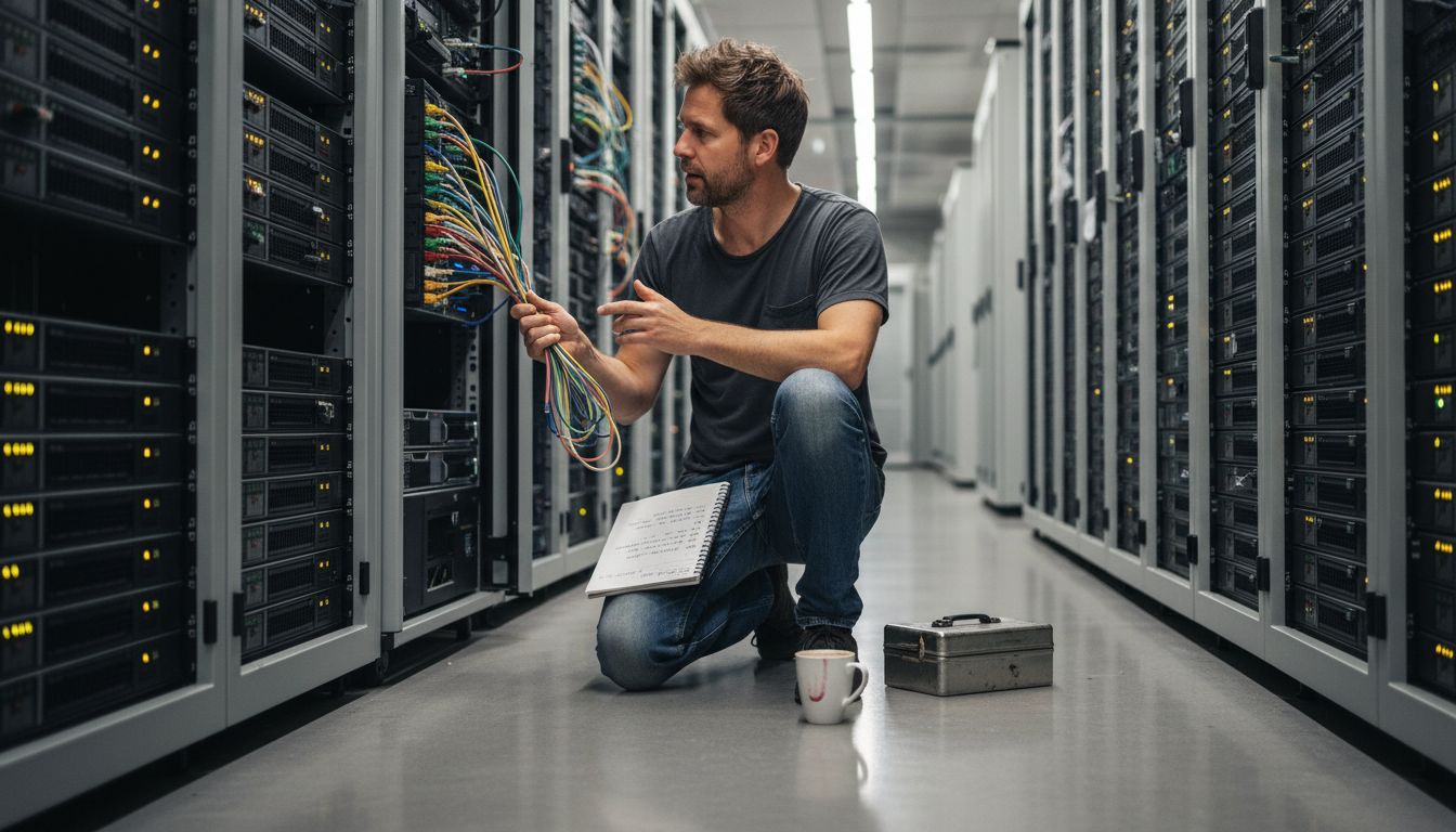 Een IT-specialist aan het werk tussen de servers in een hypermodern datacentrum.