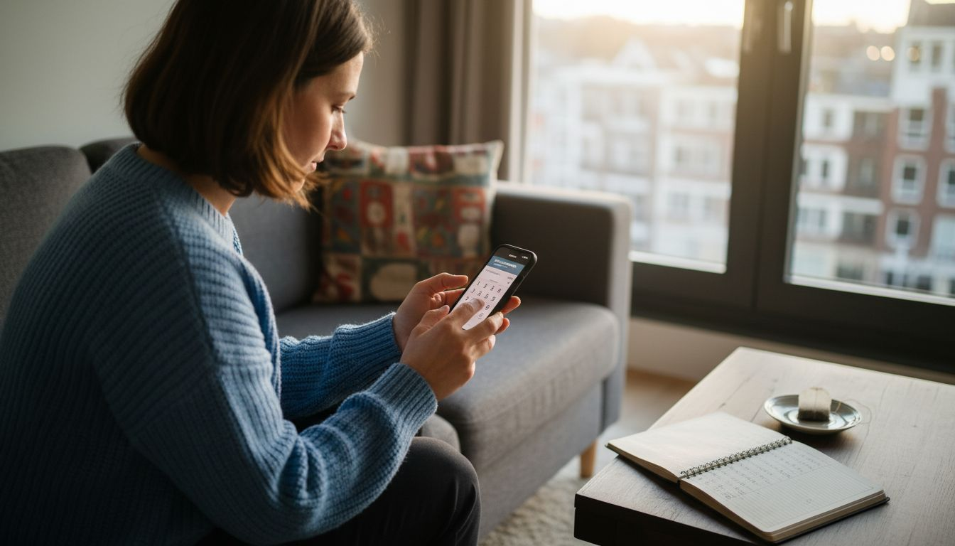 Een vrouw voert een internationaal telefoonnummer in op haar smartphone.