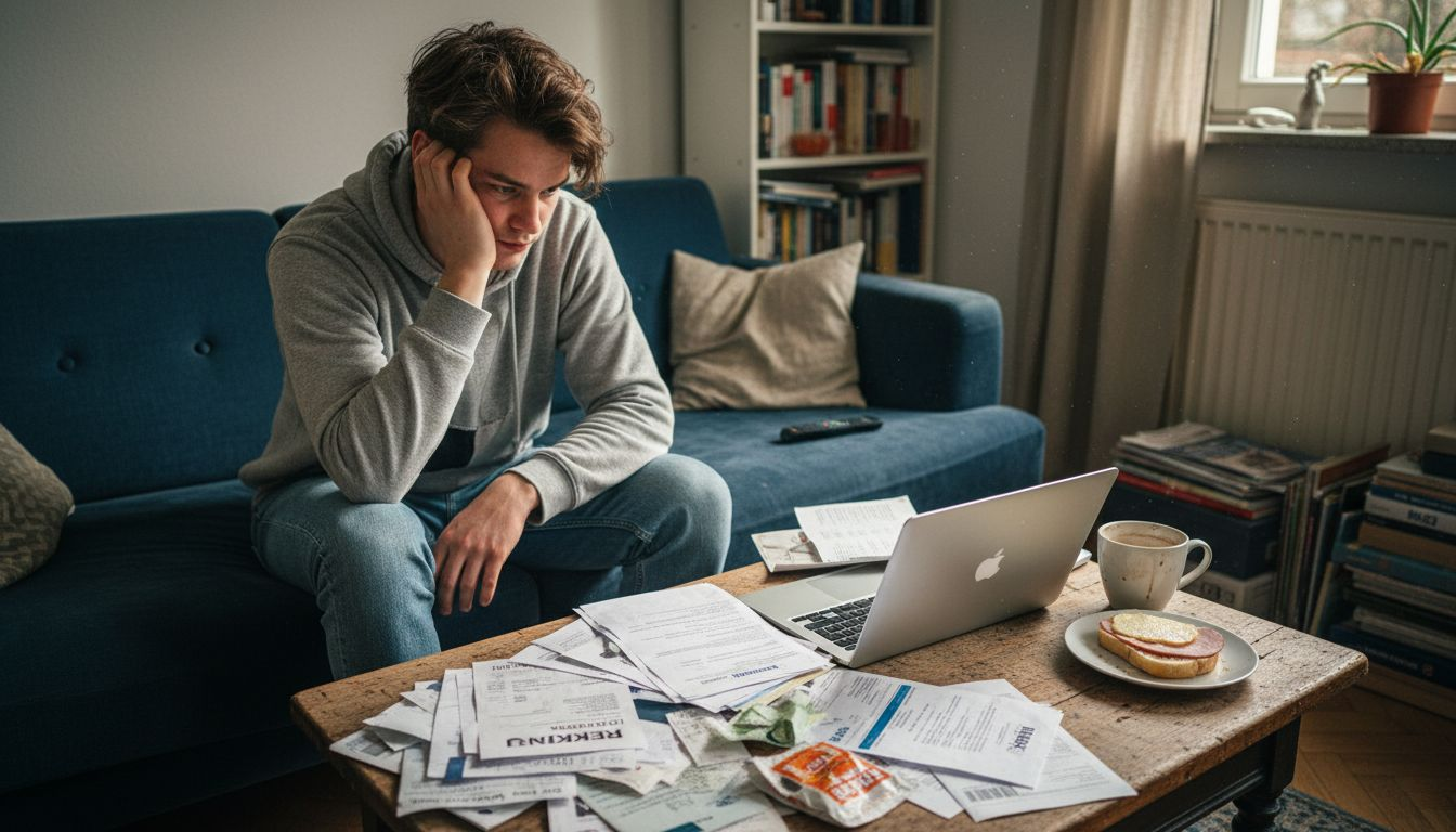 Een jonge twintiger zit in zijn appartement in Berlijn zijn bonnetjes en rekeningen op een rijtje te zetten.