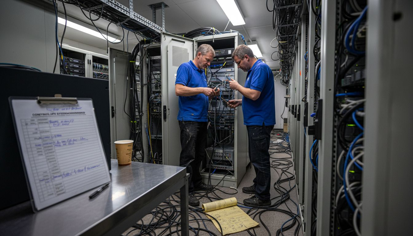 Technici voeren controles uit aan de hardware in de serverruimte.