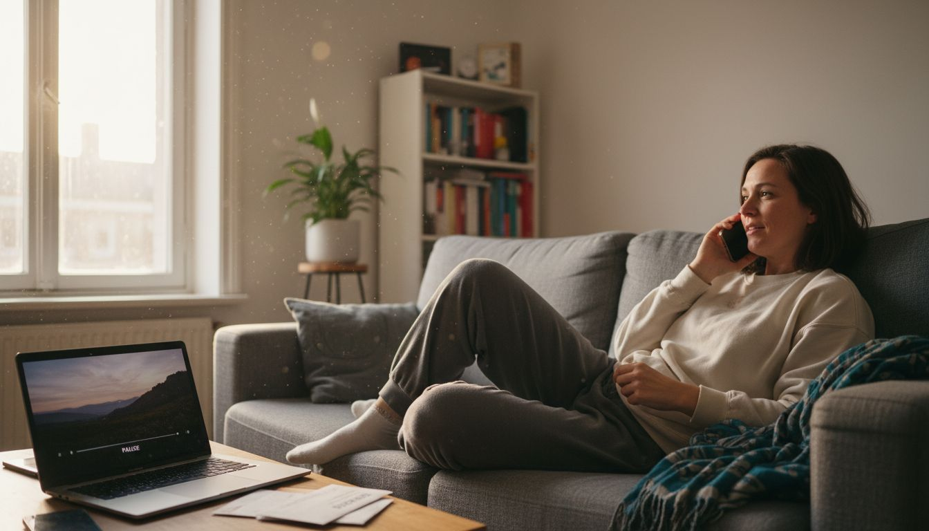 Een Nederlandse vrouw die in het buitenland woont, belt haar familie vanuit haar knusse appartementje.