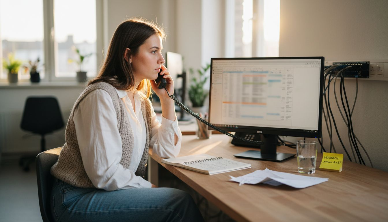 Een vrouw voert een internationaal telefoongesprek via haar vaste lijn.