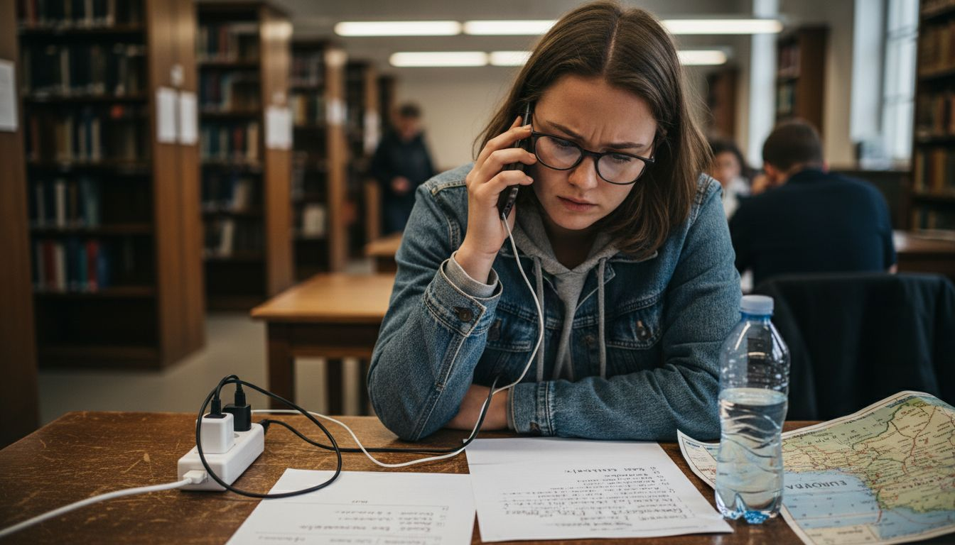 Een student zit bij de balie in de bibliotheek en worstelt zichtbaar met een telefoongesprek in het Engels.