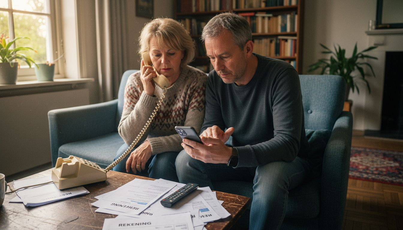 Een stel dat samen zowel de vaste telefoon als hun mobiele telefoon gebruikt.