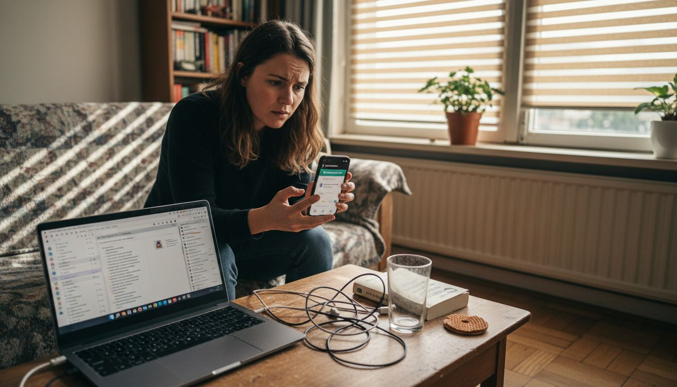 Vrouw bekijkt en vergelijkt thuis verschillende apps voor veilige communicatie