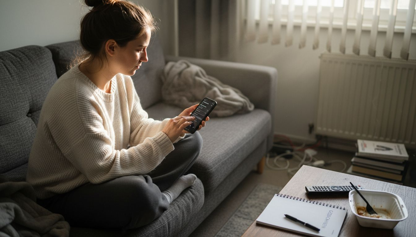 Een vrouw zit in de woonkamer en stelt haar telefoon in.