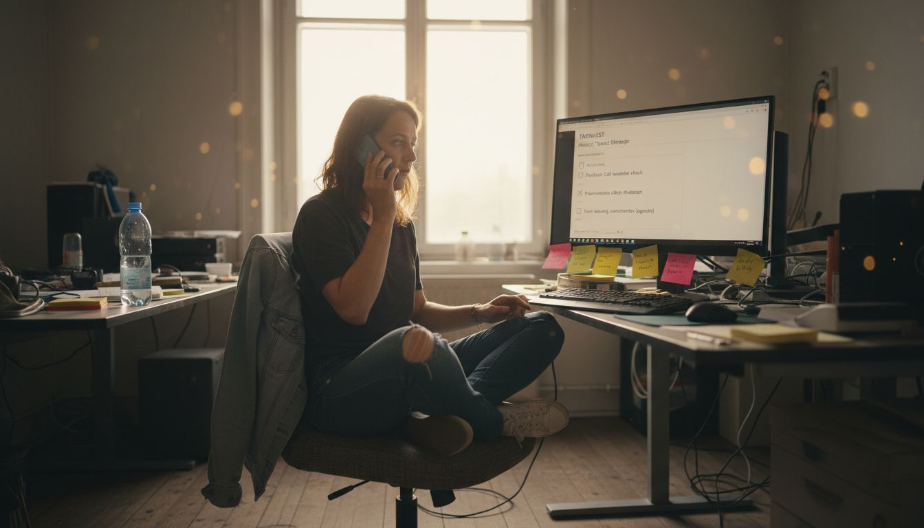 Een vrouw zit aan haar bureau en test de geluidskwaliteit van een telefoongesprek.
