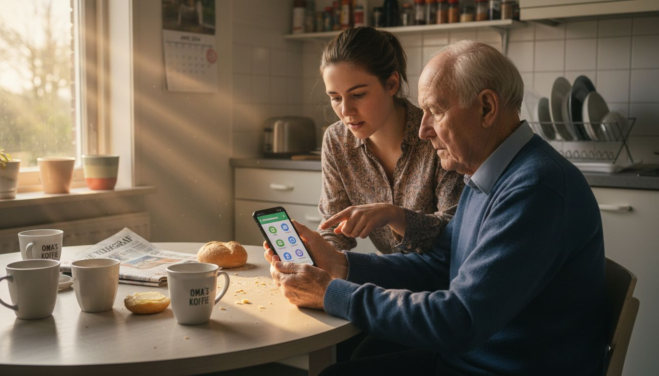 Een kleindochter laat haar opa zien hoe hij zijn smartphone moet gebruiken.