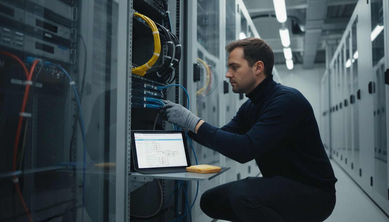 Een monteur legt de laatste hand aan een internationale netwerkverbinding.