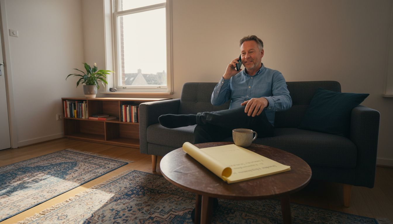 Een man zit in de woonkamer en belt met de klantenservice voor hulp.
