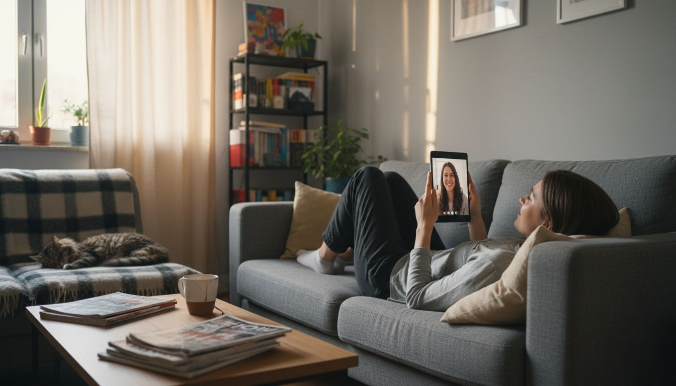 Een vrouw voert een videogesprek op haar tablet in de woonkamer.