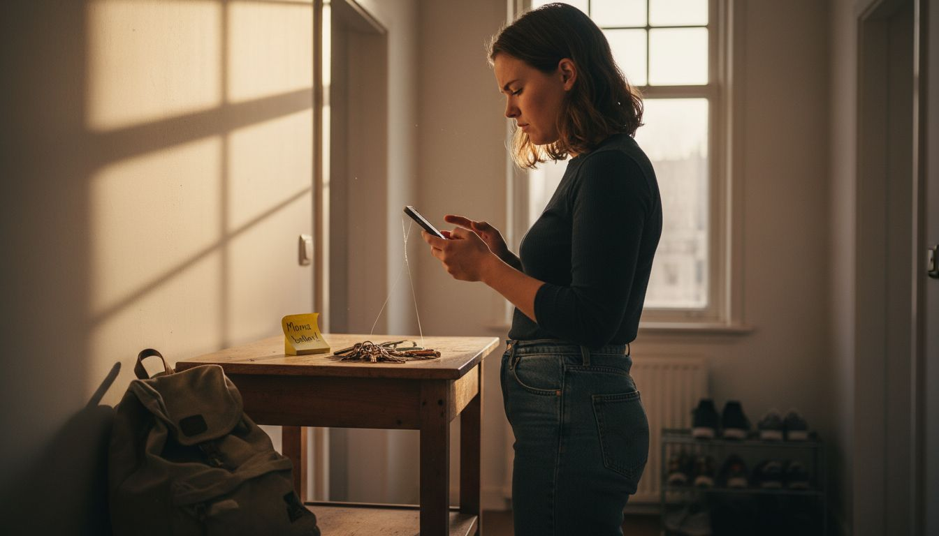 Een vrouw toetst een internationaal telefoonnummer in terwijl ze door de gang loopt.