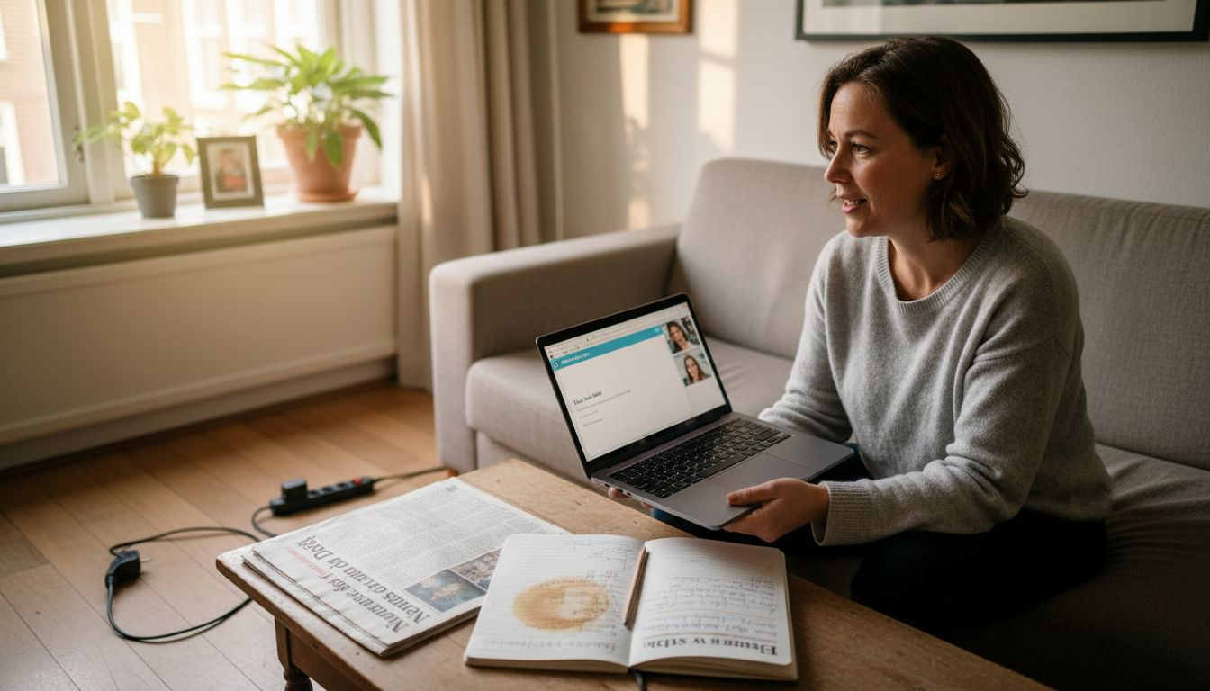 Amsterdamse vrouw voert VoIP-gesprek vanuit haar woonkamer