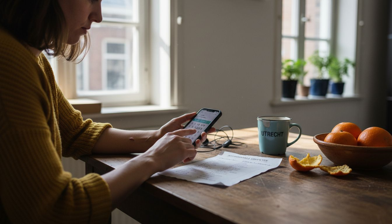 Een vrouw zit aan de keukentafel en toetst het nummer van een buitenlandse bestemming in op haar telefoon.