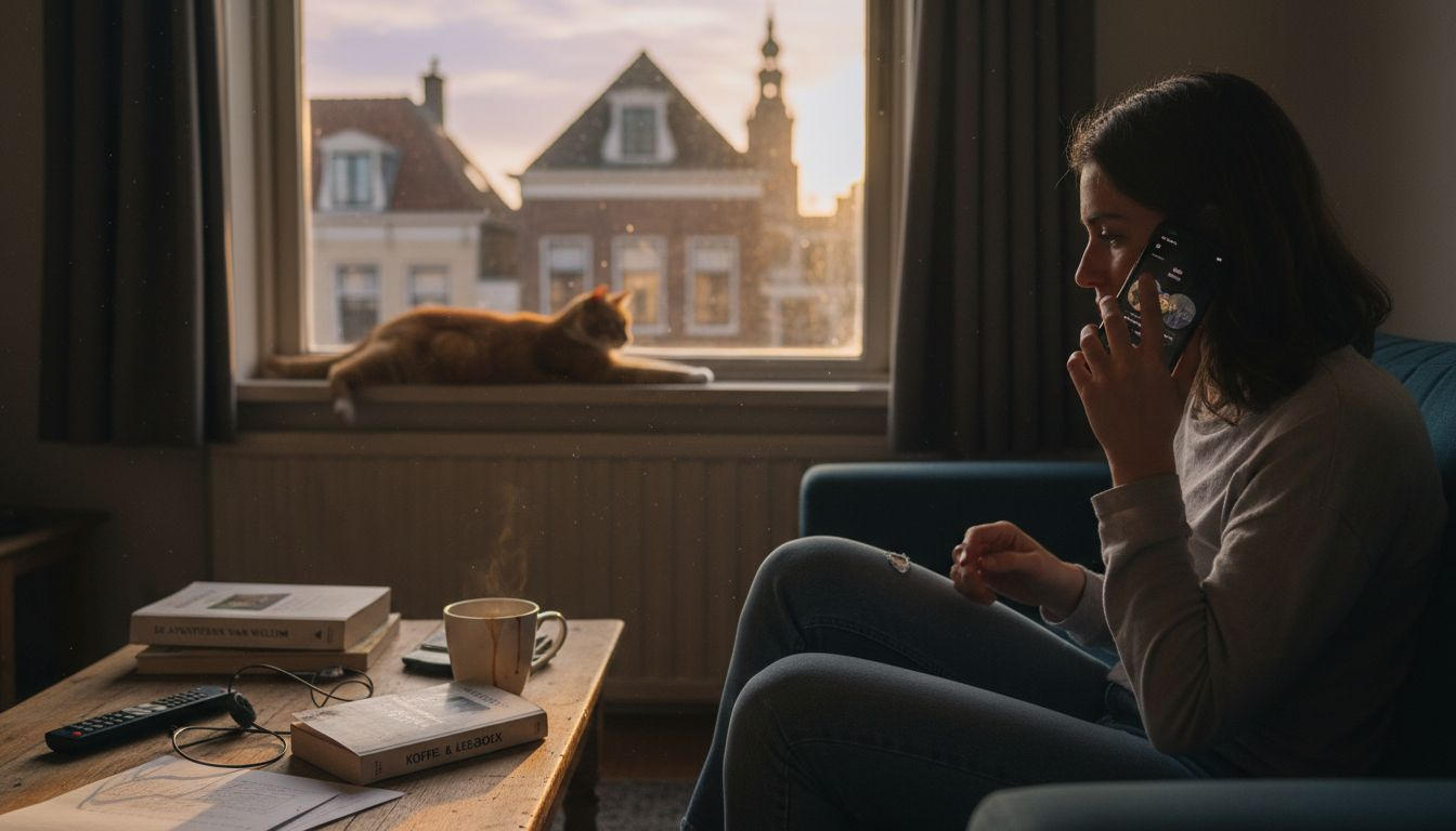 Een vrouw voert vanuit haar woonkamer een internationaal telefoongesprek.