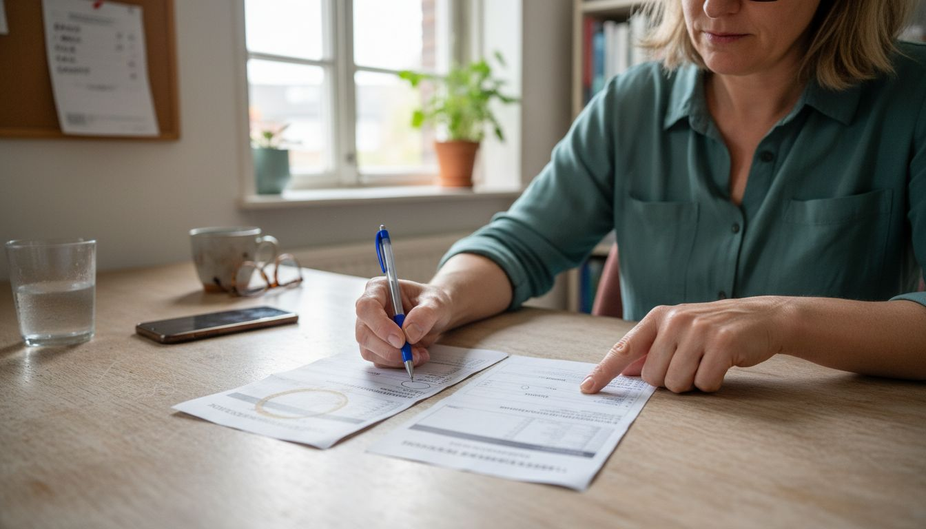 Vrouw bekijkt en vergelijkt haar papieren rekening met de factuur op haar smartphone.