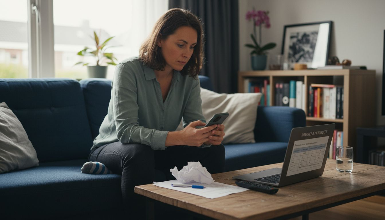 Een vrouw zit thuis rustig aan de keukentafel en vergelijkt verschillende mobiele abonnementen om te kijken welke het beste bij haar past.