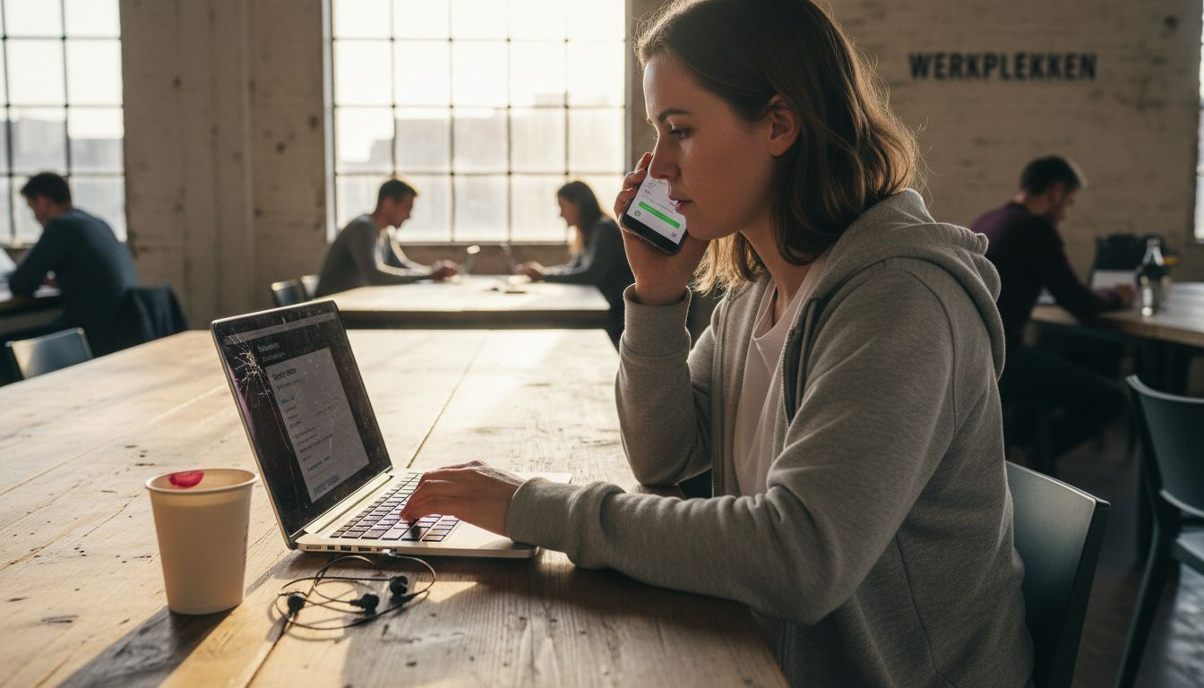Een vrouw voert een telefoongesprek via een VoIP-app in een gedeelde werkruimte.