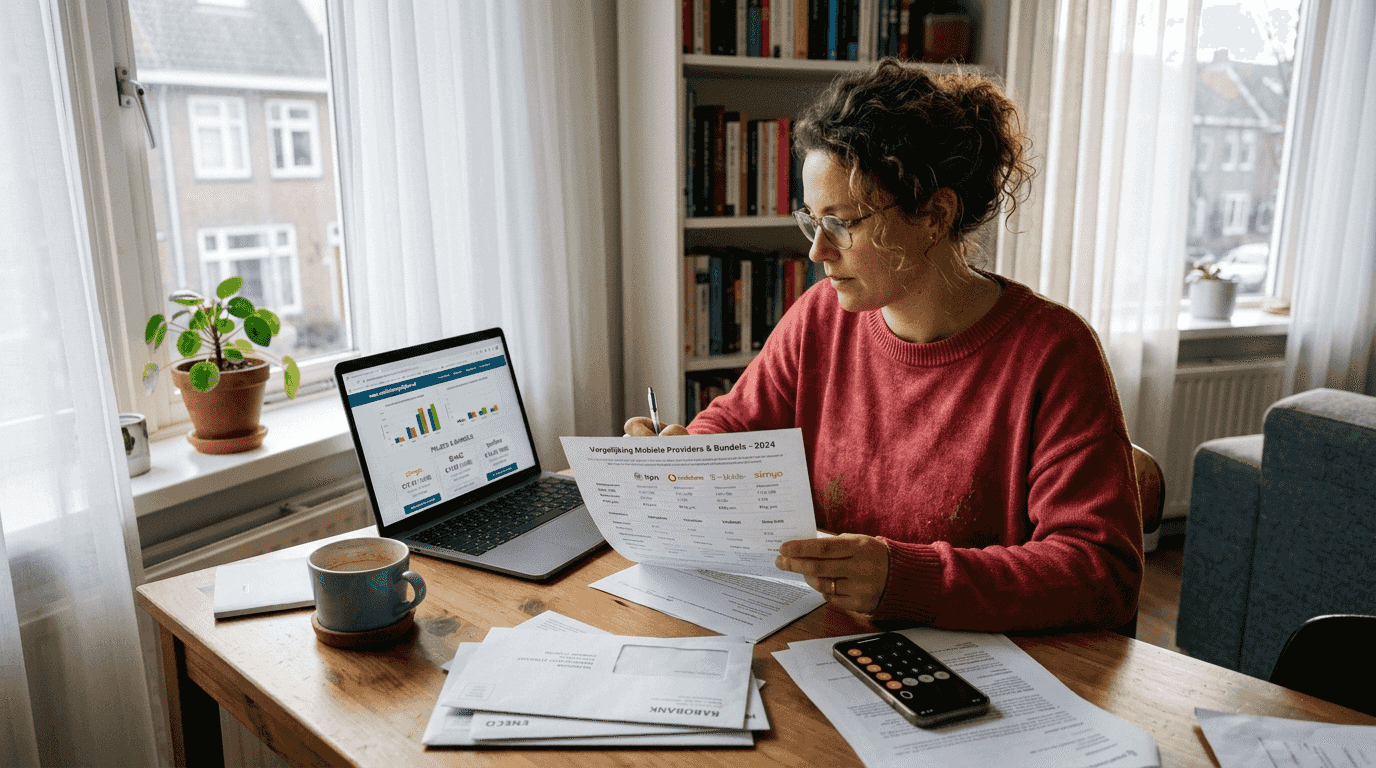 Vrouw vergelijkt tarieven van verschillende prepaid providers op papier