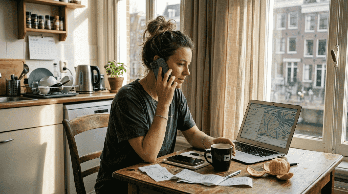 Een vrouw voert een wifi-gesprek vanuit de keuken van haar huurwoning.