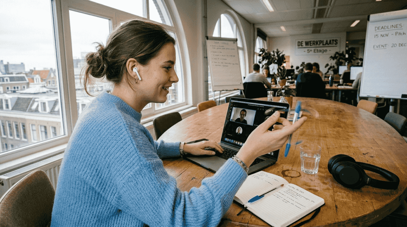 Vrouw voert VoIP-gesprek vanuit een flexibele werkplek