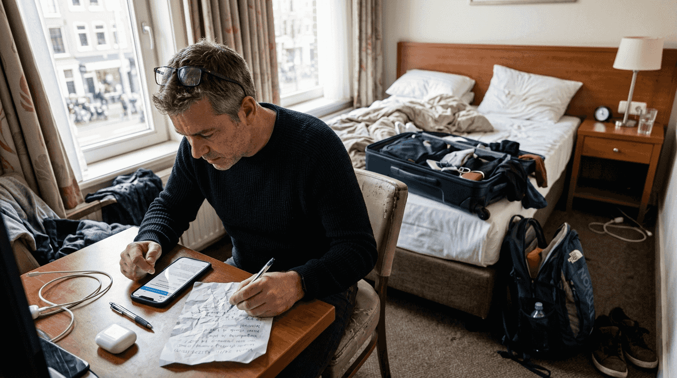 Man voert internationaal telefoongesprek vanuit zijn hotelkamer