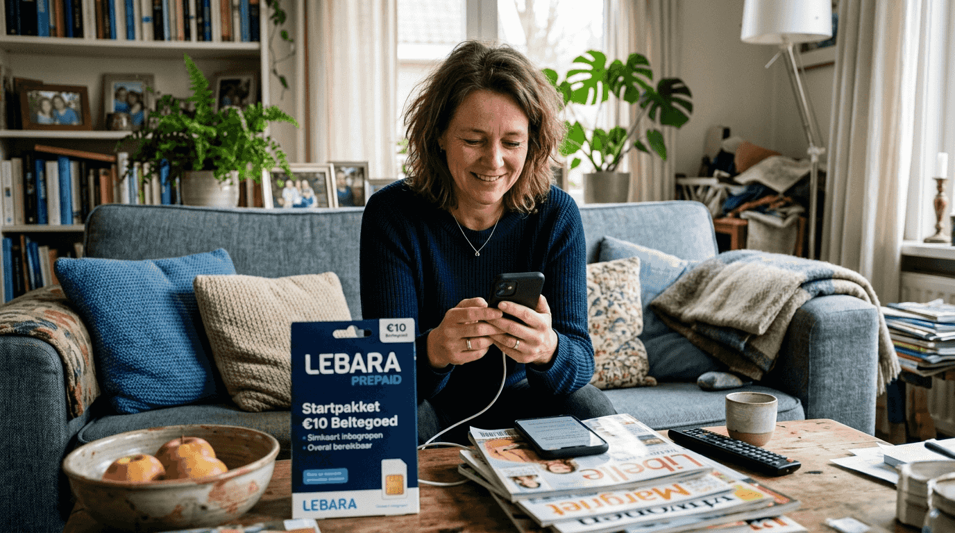 Vrouw checkt haar telefoon met een Lebara-abonnement