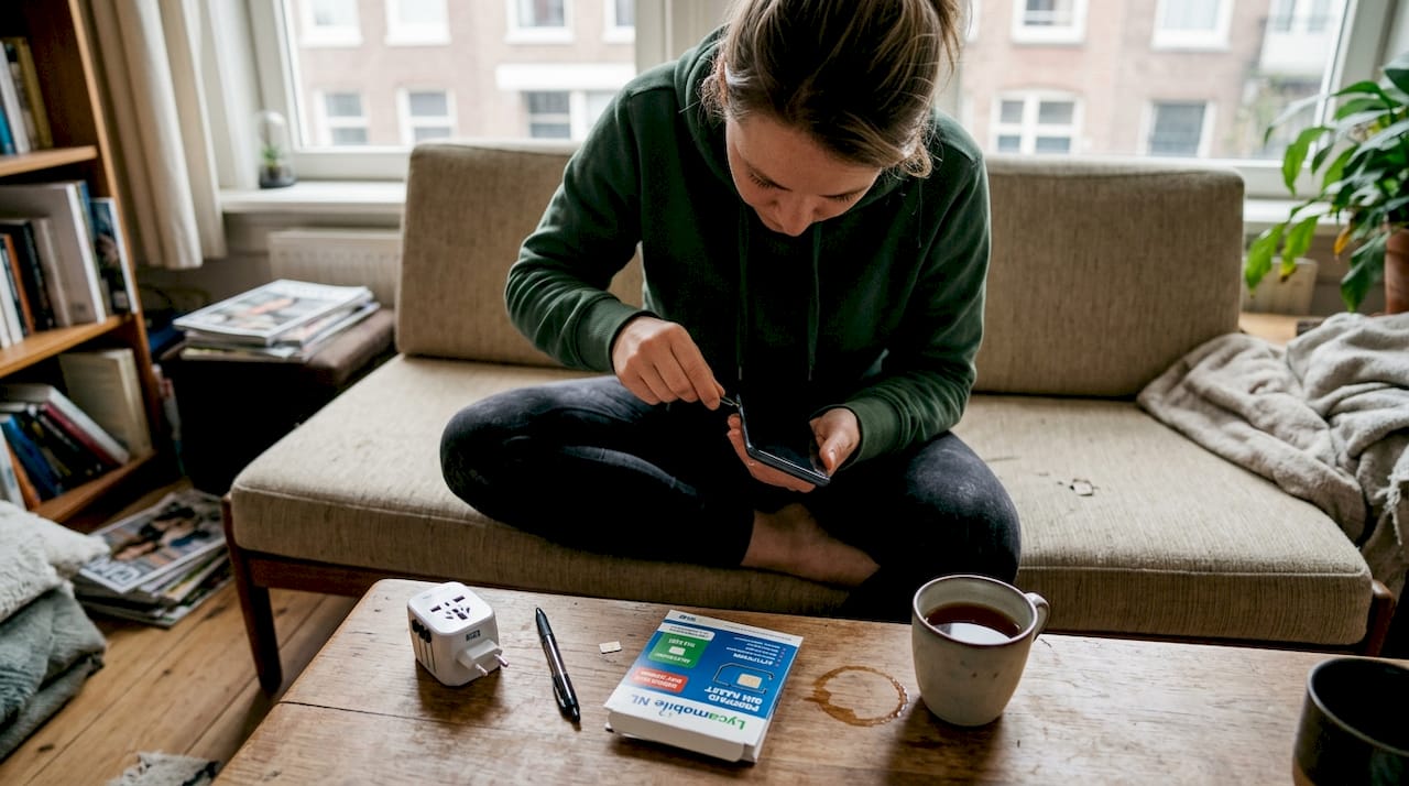 In de woonkamer verwisselt een vrouw haar simkaart.