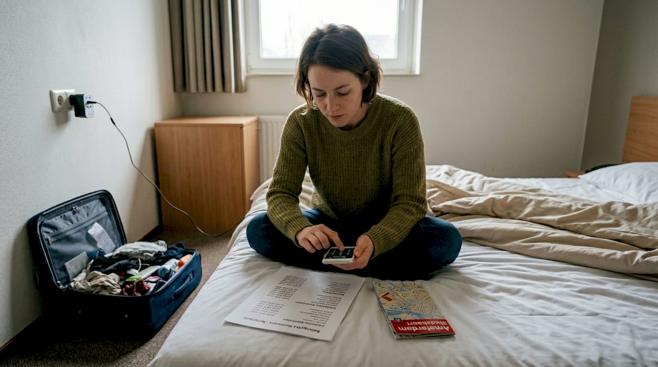 Vrouw belt internationaal vanuit haar hotelkamer